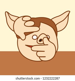 emoji with pig man that looks at the scene through the frame mimicked with his hands, sepia colored picture with a male doing photographer gesture, simple hand drawn emoticon, eps 10 vector clip art
