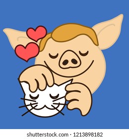 emoji with pig man that is petting a domestic cat with pleasure & love by stroking its hair & scratching its ears by hand while being surrounded by heart symbols, simplistic colorful picture