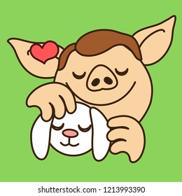 emoji with pig man that is petting a rabbit or wild hare with pleasure & love by stroking its hair & scratching its ears by hand while being surrounded by heart symbols, eps 10 vector clip art