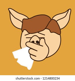 emoji with pig man that says achoo, sneezes his snots or blows his nose using a handkerchief, vector emoji drawn by hand in color, simplistic colorful picture, simple handdrawn illustration