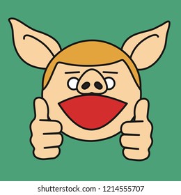 emoji with pig man that shows double thumbs up gesture by raising thumb on each hand with you're awesome facial expression on his face, like or plus 2 pose for social networks & messengers