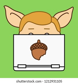 emoji with pig man that is sitting behind a laptop computer or a notebook, vector emoji drawn by hand in color, simplistic colorful picture, simple handdrawn illustration