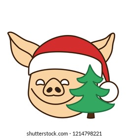 emoji with pig man wearing a red christmas winter hat in front of a toy pine tree, simple hand drawn emoticon, simplistic colorful picture, vector art with pig-like characters