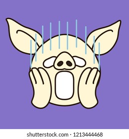 emoji with pig monster that represents scream shows deep emotion of horror by squeezing its cheecks in fear, simple hand drawn emoticon, simplistic colorful picture, eps 10 vector clip art