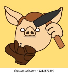 emoji with pig shoemaker that is fixing a shoe base with hammer and a nail, cobbler or bootmaker nailing a sole, simple hand drawn emoticon, simplistic colorful picture, eps 10 vector clip art