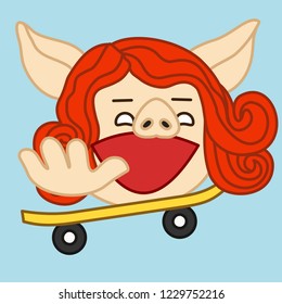 emoji with pig skater girl that is doing a trick on a skateboard, simple hand drawn emoticon, simplistic colorful picture, vector art with pig-like characters