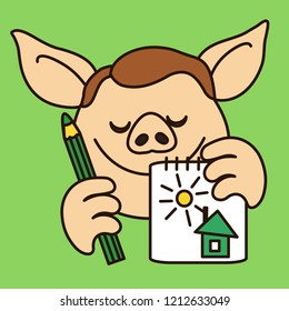 emoji with pig sketch artist with his draft of a house with sun shining in the sky drawn in a notepad by hand with pencil and crayons, simplistic colorful picture, simple hand drawn illustration