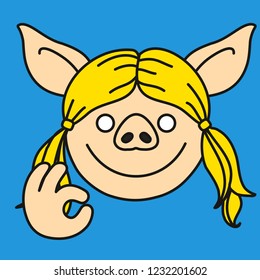 emoji with pig woman character who is showing ok or okay gesture with thumb touching the index finger, okey gesture that means everything is alright, simple hand drawn emoticon, eps 10 vector clip art