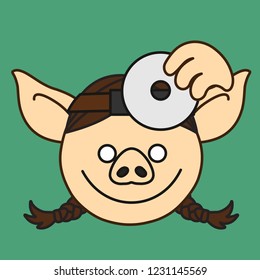 emoji with pig woman ENT phisician or ear, nose & throat medical doctor that prepares her head mirror device to examine & diagnose patient, simple hand drawn emoticon, simplistic colorful picture