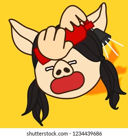 emoji with pig woman with flaming butthurt who tries to put out the fire with red extinguisher, simple hand drawn emoticon, simplistic colorful picture, vector art with pig-like characters
