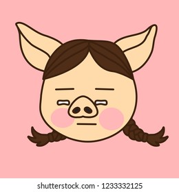 Emoji With Pig Woman With Flushed Face & Pigtails Who Is Feeling Ashamed, Shy Or Upset Girl With Blushed Cheeks Looking Down, Simple Hand Drawn Emoticon, Simplistic Colorful Picture