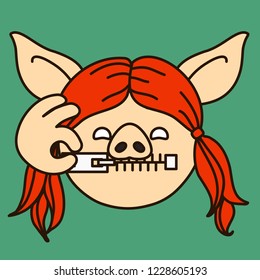 emoji with pig woman keeps her mouth shut by closing the lip zipper with her fingers, the I'm not going to tell anyone gesture, simple hand drawn emoticon, simplistic colorful picture