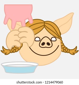 Emoji With Pig Woman Milker That Is Hand Milking A Cow Or Goat Udder Teats With Her Fingers To Squirt The Milk Into A Bucket, Simplistic Colorful Picture, Simple Handdrawn Illustration