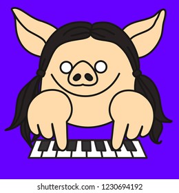 emoji with pig woman musician, pianist or piano player that is playing music on her musical instrument by pressing keys on a keyboard, simple hand drawn emoticon, simplistic colorful picture