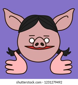 emoji with pig woman with pigtails that is showing jazz hands gesture like a meme, memetic pose with palms pointed left & right side, simple hand drawn emoticon, simplistic colorful picture
