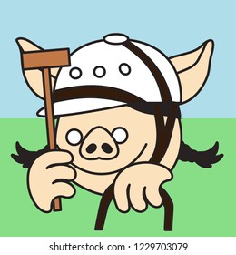 emoji with pig woman polo player in full sports equipment with mollet and helmet that is holding reins of a pony, simple hand drawn emoticon, simplistic colorful picture, eps 10 vector clip art