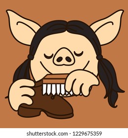 emoji with pig woman shoe cleaner that is cleaning & polishing shoes with brush & blacking, simple hand drawn emoticon, simplistic colorful picture, vector art with pig-like characters
