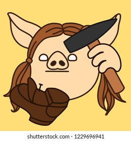 emoji with pig woman shoemaker that is fixing a shoe base with hammer and a nail, female cobbler or bootmaker nailing a sole, simple hand drawn emoticon, simplistic colorful picture