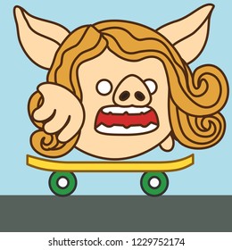 emoji with pig woman skater newbie that is balancing on skateboard, practising female novice skateboarder trying to stand on board for the first time, simple hand drawn emoticon