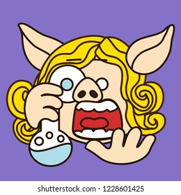 Emoji With Pig  Woman, Stereotypical Female Mad Scientist Or Science Freak Mixing Chemicals In A Flask With Freaked Out Expression On Her Face & A Popped Eye While Doing An Experiment