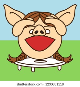 emoji with pig woman that is having fun while bouncing and jumping on a trampoline for recreation in the park or at home, simple hand drawn emoticon, simplistic colorful picture