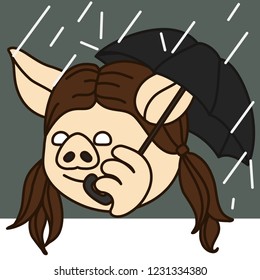emoji with pig woman that is holding an umbrella under the rain, simple hand drawn emoticon, simplistic colorful picture, vector art with pig-like characters