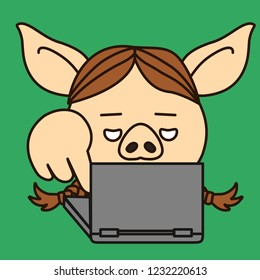 emoji with pig woman that is pressing a notebook keyboard button with finger, simple hand drawn emoticon, simplistic colorful picture, vector art with pig-like characters