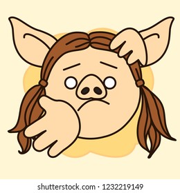 emoji with pig woman that is shrugging her shoulders and showing that she has no idea about something, simple hand drawn emoticon, simplistic colorful picture, vector art with pig-like characters