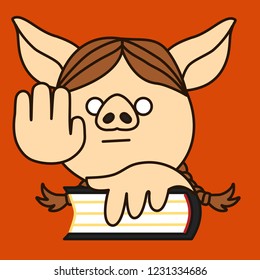 emoji with pig woman that is swearing an oath on a bible, simple hand drawn emoticon, simplistic colorful picture, vector art with pig-like characters