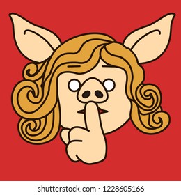 emoji with pig woman using finger on mouth gesture to stop ppl talking, character shushing "Shhh" to politely tell people to shut up & be quiet to keep silence, simple hand drawn emoticon