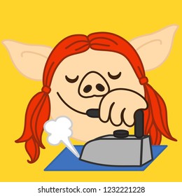 emoji with pig woman who is ironing some clothing or shirt with heated steaming flat iron with vapour mode turned on to remove wrinkles from fabric by heating it on an ironing board