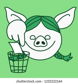 emoji with pig woman who is showing where to recycle garbage paper by throwing it into a busket, pointing her finger to eco friendly recycler, simple hand drawn emoticon, simplistic colorful picture