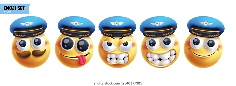 Conjunto de vetores de personagens emoticon piloto de Emoji. Emojis 3d capitão personagem em feliz, bonito, irritado, bobo, sorridente e amigável expressão facial emoticons face elementos coleção. Ilustração vetorial