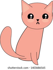 Emoji of a pink cat with short triangular ears and inverted triangular nose has a fluffy tail and with rolling eyes expresses sadness while sitting, vector, color drawing or illustration.