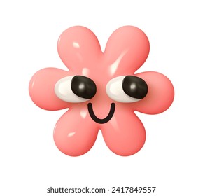 Emoji Pink flower with big eyes. Emotion 3d cartoon icon. Rose emoticon. Vector illustration