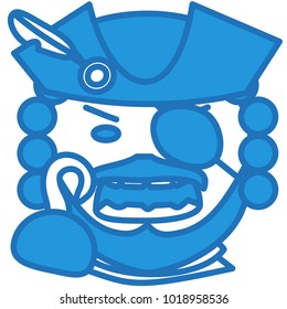 emoji with pirate captain with a prosthetic hook in place of missing arm wearing an eyepatch and a wig, buccaneer in a cocked hat with feather, corsair with beard and mustache, funny cartoon character