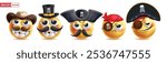 Emoji pirate character vector set. Emojis sailor 3d character collection like seafarer, seamen, corsair, captain and bandit people wearing hat and patch costume elements. Vector illustration emojis 