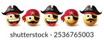 Emoji pirate character vector set. Emojis emoticon 3d character collection like corsair, captain and sailor  wearing hat and patch costume elements. Vector illustration emojis seamen icon set 