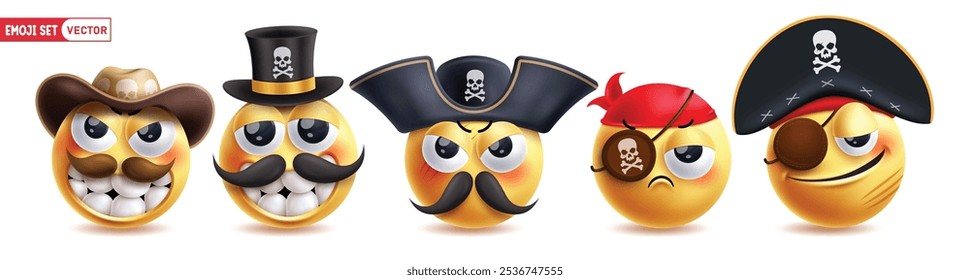 Emoji-Piraten-Zeichenvektorsatz. Emojis Seemann 3D-Charakter-Sammlung wie Seefahrer, Seeleute, Korsar, Kapitän und Banditen Menschen tragen Hut und Patch Kostüm Elemente. Vektorgrafik Emojis 