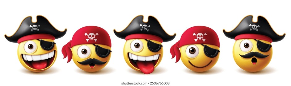 Conjunto de vetores de caracteres piratas de Emoji. Emojis emoticon 3d coleção de personagens como corsair, capitão e marinheiro vestindo chapéu e elementos de traje patch. Ilustração de vetor emojis ícone de marinheiro conjunto 