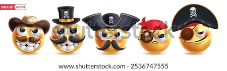Emoji pirate character vector set. Emojis sailor 3d character collection like seafarer, seamen, corsair, captain and bandit people wearing hat and patch costume elements. Vector illustration emojis 