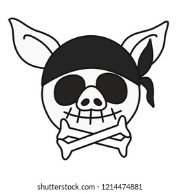 emoji with pirate death sign, smiling Jolly Roger pig skull with bones wearing a bandanna, simple hand drawn emoticon, simplistic colorful picture, vector art with pig-like characters