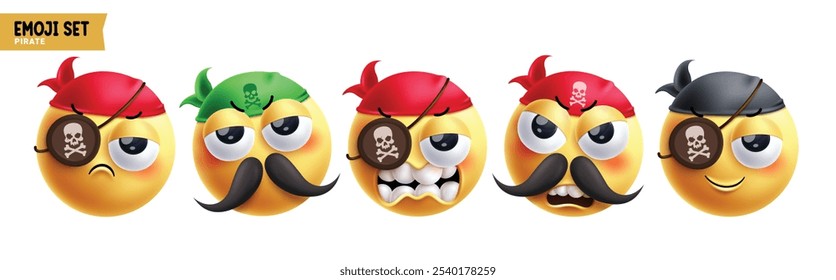 Emoji pirate emoticon characters vector set. Emojis thief sailor character in sad, angry, mad, smiling, happy and serious facial expression wearing eye patch 3d round elements collection. Vector 