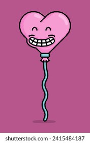 emoji in pixel art illustration of a heart shaped balloon smiling broadly while showing teeth. Can be used for stickers, toy, valentine, dating, invitation, T shirt, clothing