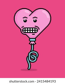 emoji in pixel art illustration of a heart shaped balloon showing teeth. Can be used for stickers, toy, valentine, dating, invitation, T shirt, clothing