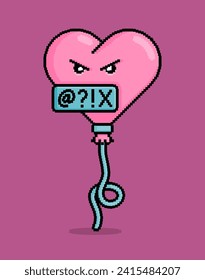 emoji in pixel art illustration of a heart shaped balloon cursing a censored harsh word. Can be used for stickers, toy, valentine, dating, invitation, T shirt, clothing