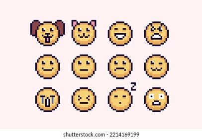 Emoji pixel art set. Smile faces collection. Facial expressions, reactions 8 bit sprite. Game development, mobile app.  Isolated vector illustration.