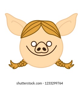 emoji with plain pig woman with a standard smile & a friendly expression on her smiling happy face, simple hand drawn emoticon, simplistic colorful picture, vector art with pig-like characters