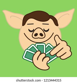 Emoji With Poker Card Game Player Pig That Is Holding A Pack Of Cards With Satisfied Face, Gambler Having A Good Combination Like Royal Or Straight Flush Or Full House & Anticipating A Win