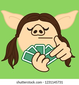 emoji with poker card game player pig woman that is holding a pack of cards with satisfied face, gambler having a good combination like royal or straight flush or full house & anticipating a win